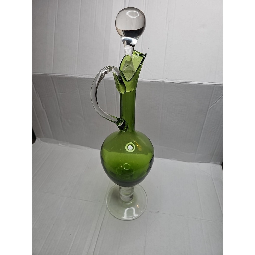 Green Art Glass Decanter Bottle with Stopper Hand Blown Style Vintage 17.5 inch - Picture 6 of 11